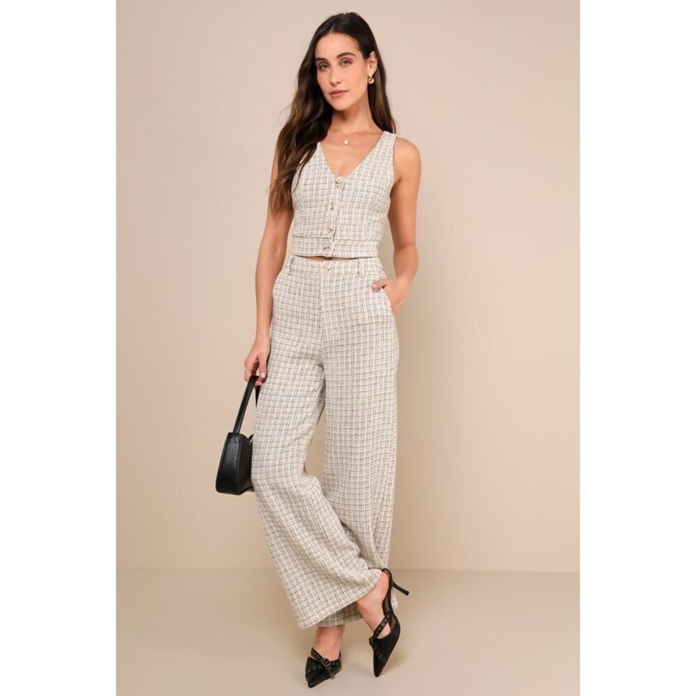 Lulus Posh Perception Ivory And Black Plaid Tweed Wide-leg Pants White - Size L